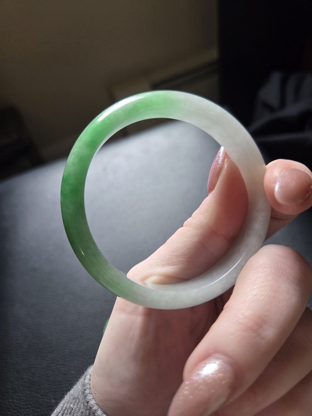 56mm Green & White Jadeite Jade Bangle - Picture 3 of 3